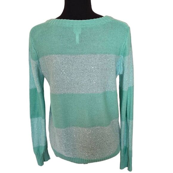 Qi Womens Striped Sequin Embellished Wool Blend Knit Pullover Sweater Aqua Small - Picture 4 of 11